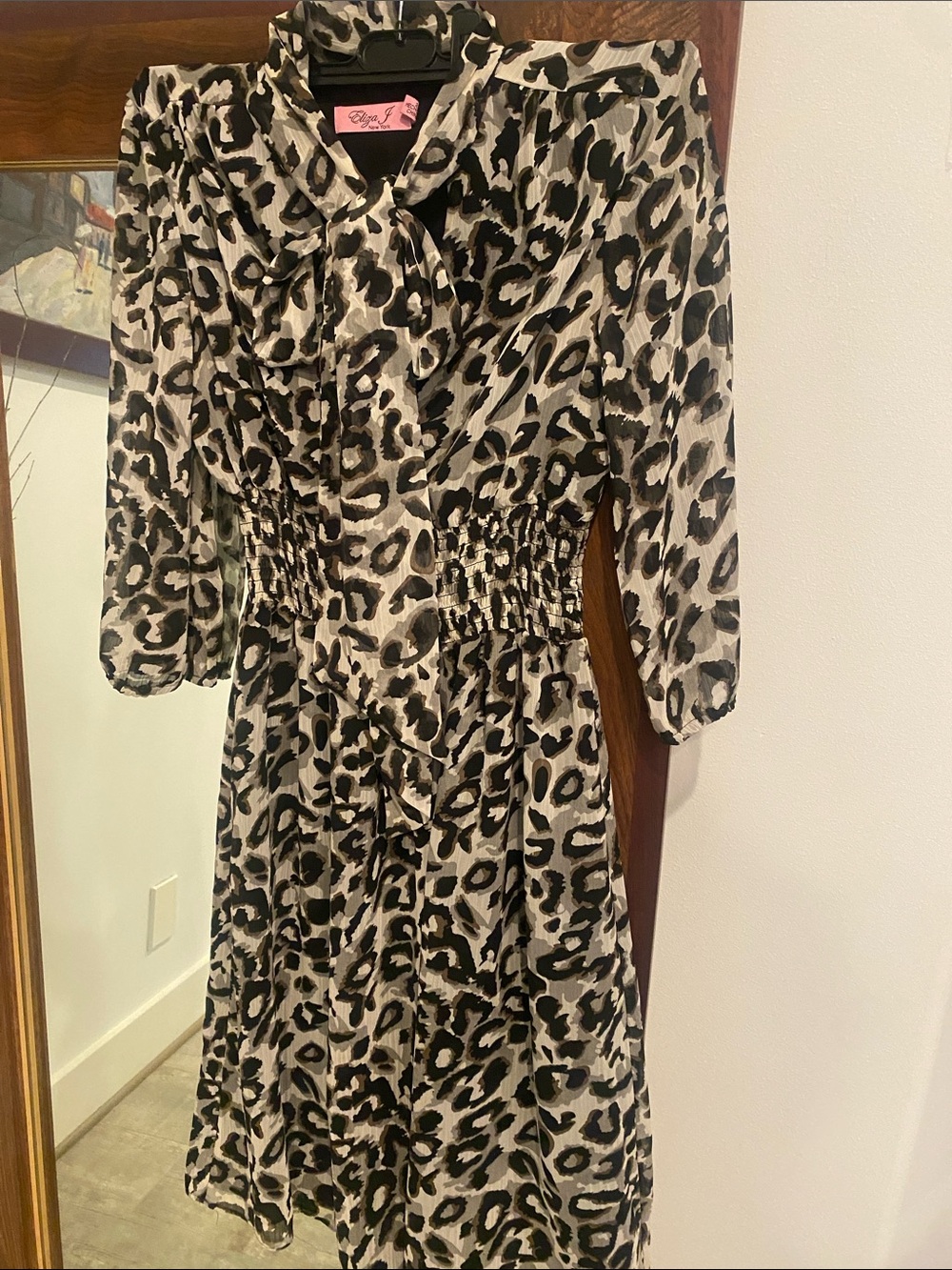 Eliza J Leopard Print Tie-Neck Blouse in Black and Cream
